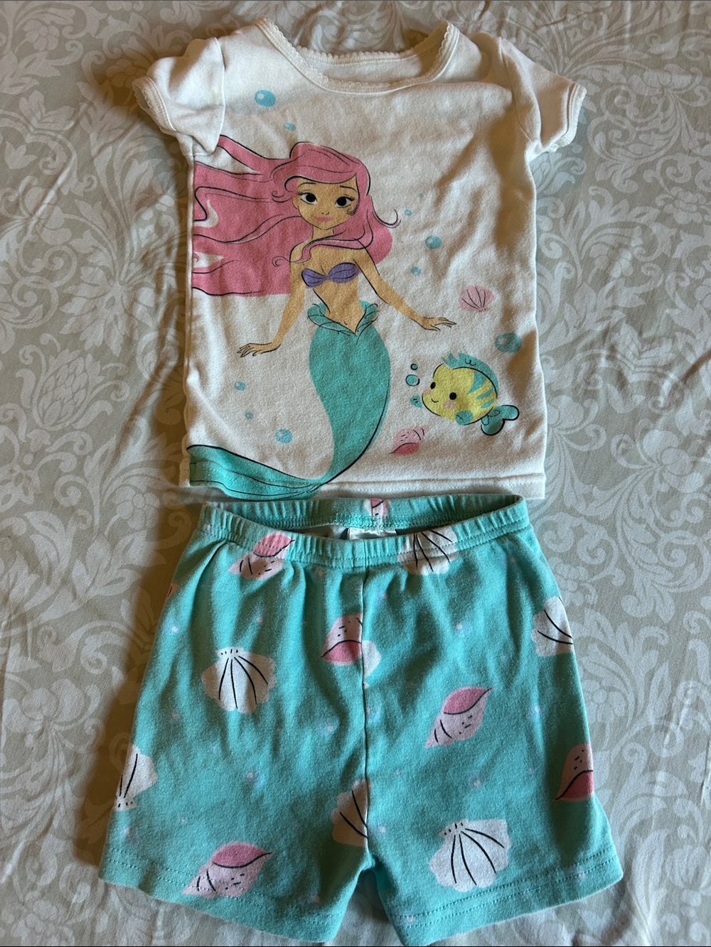 Disney Girls Mermaid Short Pajama Set - White, Pink & Teal